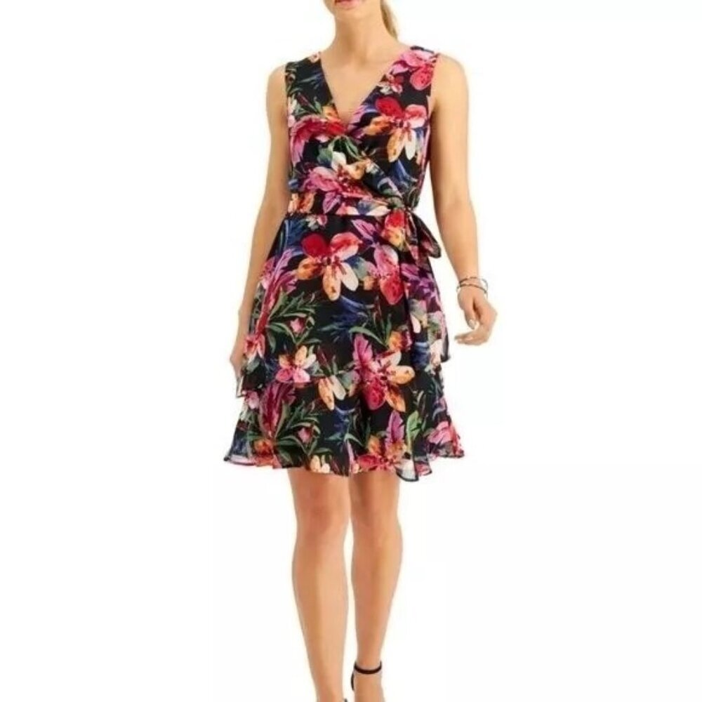 Connected Apparel Women's 6‎ Tie Waist Floral Surplice Neckline Faux Wrap Dress